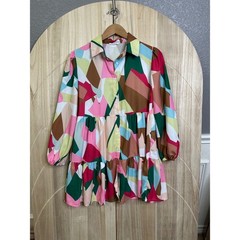 SundayUp Geometric Print Babydoll Tiered Mini Dress Multi Color Button Down S