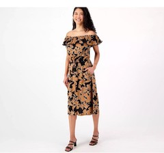 Isaac Mizrahi Live! Regular Printed Off the Dress Pitch Black Tan L New