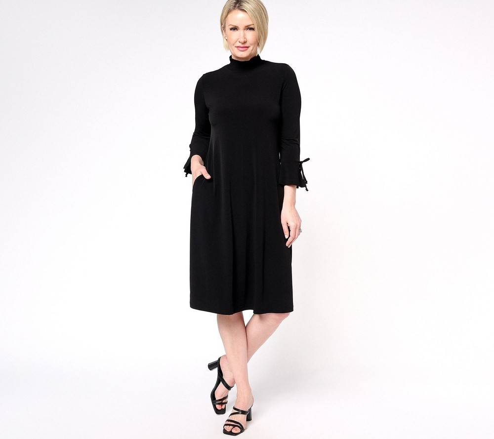 Susan Graver Regular Liquid Knit Mock-Neck Midi Dress Tie Sleeves Black S New