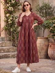 Indian Women Maroon Cotton Ethnic Motifs Printed Kurta Fit & Flare Midi Dress