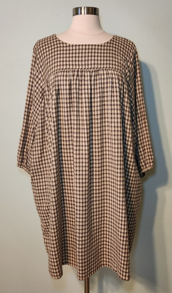 NWT ABLE Brown Gingham Cotton Blend Alyssa Mini Lined Peasant Dress Size XXL