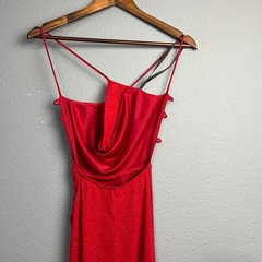 Red Ruched Glitter Spaghetti Strap Evening Gown XS Formal Sparkle Dress NYE Sexy