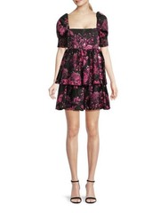 Alice + Olivia Emmalou Tiered Mini Floral Puff Sleeve Dress 8 M Pink Black $395