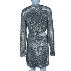 Jonathan Simkhai Sequin Cutout Wrap Mini Dress Size 6 Long Sleeve Silver Party