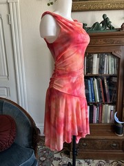 vtg Y2K Mesh Fairy Asymmetrical Pink & Orange midi Stretchy Casual Party Dress S