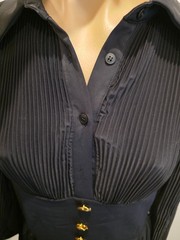 MODESEES Black Cotton/Linen Patchwork Dress w/ Stand-up Collar & Long Sleeves -M