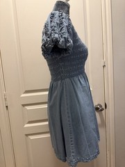 Forever 21 Blue Solid Denim Smocked Puff Short Sleeve A-Line Dress Round Neck S