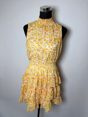 1. STATE Yellow Orange White Floral Mock Neck Smocked Ruffle Mini Dress M