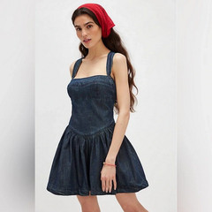 Free People Laurel Denim Mini Dress Sleeveless Square Neck Smocked Dark Wash XS