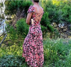 ⚘EUC Rewind Black Pink Floral High Low Maxi Dress Lace Up Back Slit Ruffles M