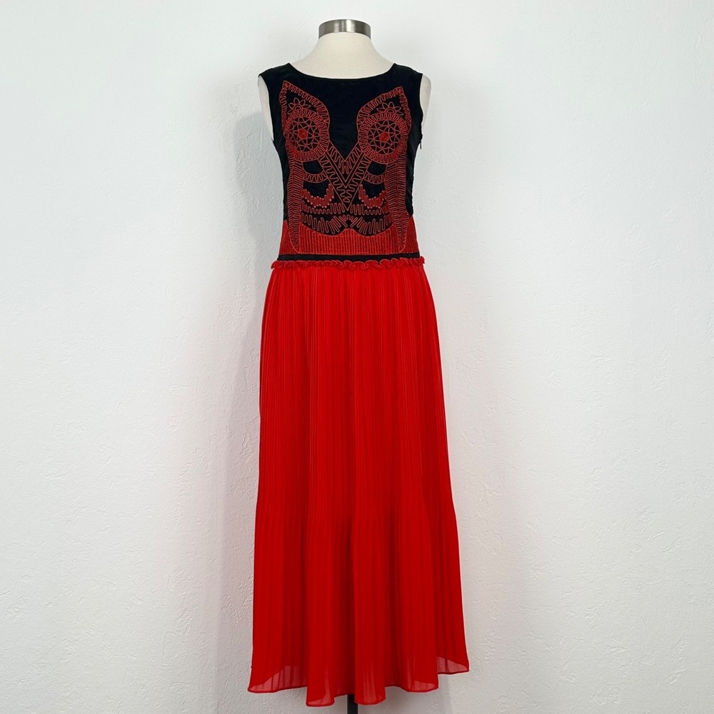 Boho Chic Statement Silk Maxi Dress Sz 6 Pleated Embroidered Owl Artsy Red Black