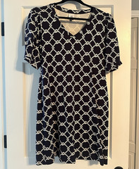 CAbi Women’s Black White Geometric V-Neck 3/4 Sleeve Shift Pocket Dress S