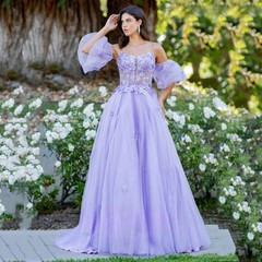Lavender Off Shoulder Puff Sleeve 3D Floral Tulle Prom Evening Wedding Ball Gown