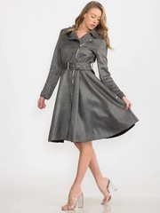 Charcoal Long Sleeve Midi Dress Size Medium Belted Zipper Closure Jacket Dress
