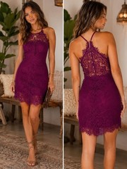 Free People She Got It Dahlia Sleeveless Lace Halter Mini Dress in Plum