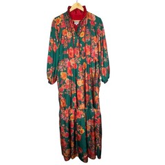 Sue Sartor Womens Green Floral Satin Maxi Dress Mandarin Collar Frog Knots L