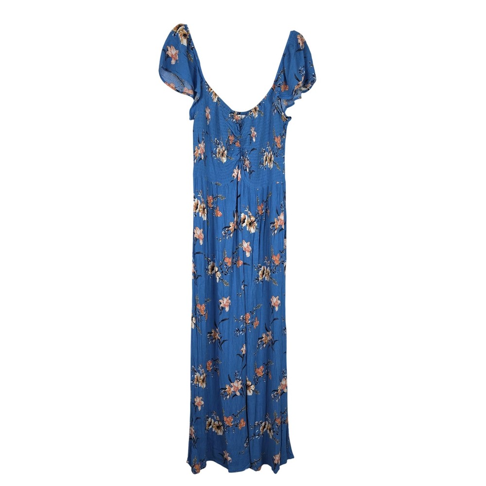 BP. Dress Womens XL Blue Floral Smocked Maxi Scoop Neck Flutter Sleeve Sundress