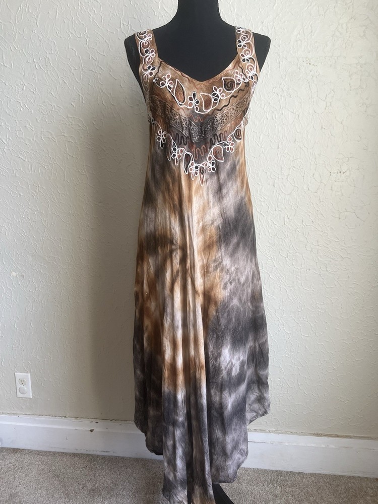 Shoreline TieDye Asymmetric Embroidered Boho Hippie Sundress Festival Brown S