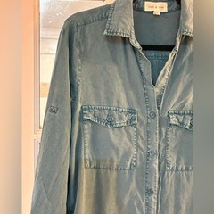 Cloth & Stone Anthropologie Teal Blue Shirt Dress | Large | Frayed Hem | Lyocell