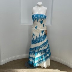 BICICI Strapless Lace Back White Turquoise Gown Size L Special Occasion NWT
