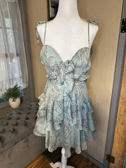 Hello Molly NWT Mint Leaf Print Ruffle Mini Dress Tie Strap Fit & Flare US 6