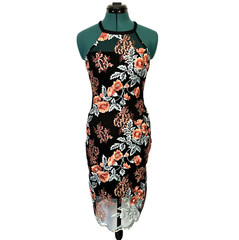 Guess Women Bodycon Knee Length Dress Sleeveless Embroidered Floral Halter Sz 2