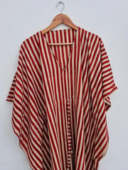 Indian Red Handmade Cotton Striped Kaftan Maxi Dress Women&rsquo;s Clothing Gown US