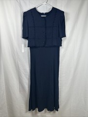 Miss Dorby Navy Blue Crepe Dress With Attached Jacket Size 14 Lace Buttons