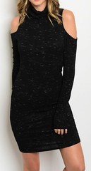 Black White Slub Knit Turtleneck Open Cold Shoulder Long Sleeve Dress S M L