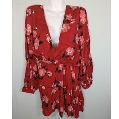Valencia & Vine Red Floral Mini Blouson Tiered Dress Medium NWT Summer Chic Boho