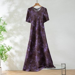 100% Mulbery Silk Purple Fashion Short Sleeve Fit Type Women Midi Dress QQ032
