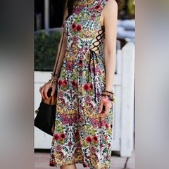 TOPSHOP Garden Floral Print Boho Peekaboo Sides Black Lace-Up Sleeveless Dress