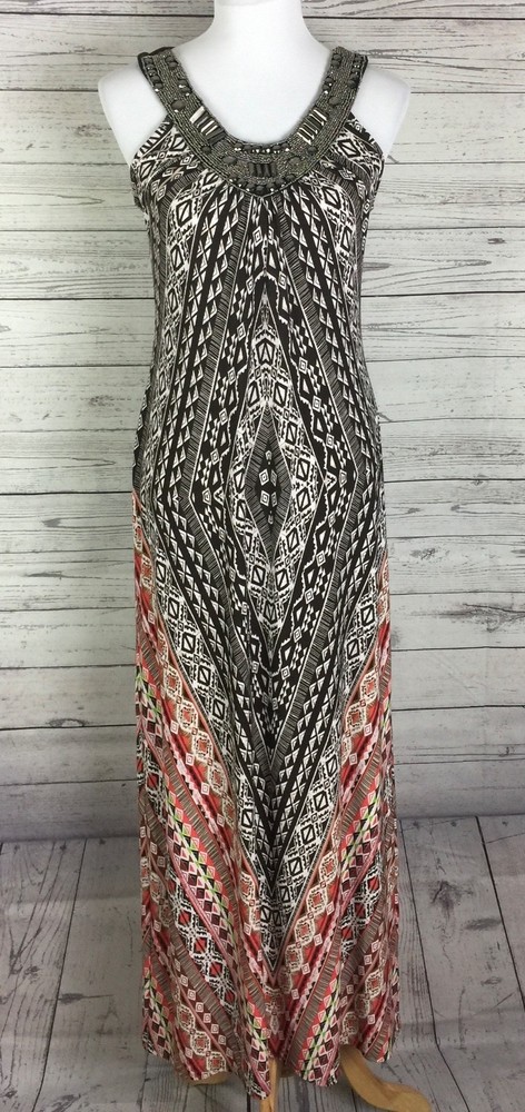 Cato Women’s Petite Multicolor Geo Sleeveless Beaded Scoop Neck Maxi Dress PS