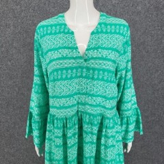 Destination 365 Allover Printed Split Neck Viscose Dress Medium Sz Green Top