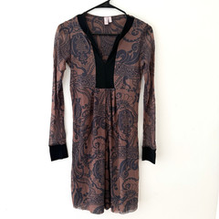 Y2K Grunge Sheer Mesh Sleeve Midi Dress Brown Black Baroque Scroll Print M