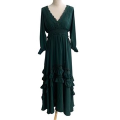 BALTICBORN pippA Women Emerald Green Tiered Ruffle Maxi Dress Long Sleeve LAre