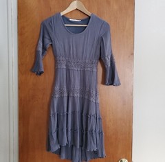Solitaire Boho Cottagecore Blue Rayon Dress XS Crochet Lace Tiered Bell Sleeve