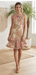 Robbie Bee Tropical Print Ruffle-Hem Sleeveless Dress Size S