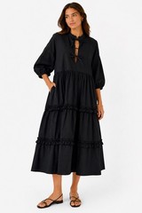 NWT The Lulo Project Bogota Midi Dress Black Tiered Ruffle TieFront CottonSize L