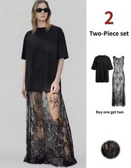 NEW 2 Pieces Black Floral Ribbed Lace Dress Set Elegant Round Long T-Shirt Party