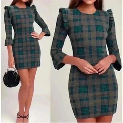 J.O.A. Gray Green Plaid Ruffle Sleeve Mini Sheath Dress Size S NWT