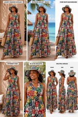 2 pieces Multicolor Halter Maxi Dress Smocked Back Sleeveless One Size & a Hat
