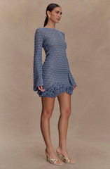 Meshki NWT Aileen Ruffle Crochet Mini Dress in Steel Blue Size XS Longsleeve
