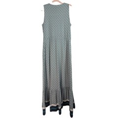 Lands&rsquo; End Maxi Dress Women M/T Blue Teal Geometric Floral Ruffle Hem Tall