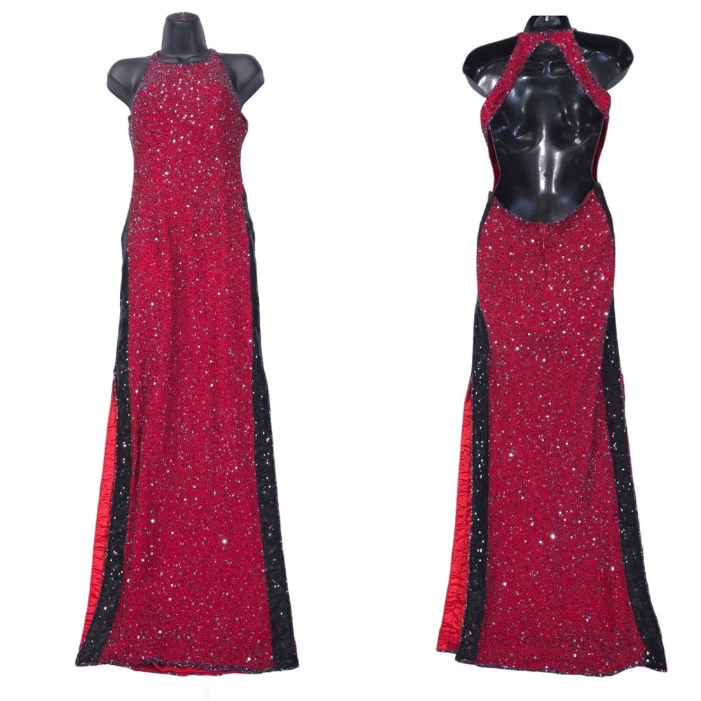 Vtg Scala Beaded Silk Halter Open Back Evening Gown Dress S Red Cocktail Y2K