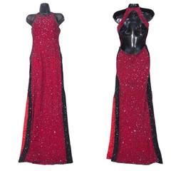 Vtg Scala Beaded Silk Halter Open Back Evening Gown Dress S Red Cocktail Y2K