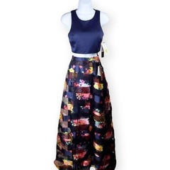 Two Piece Navy Blue Floral Prom Event Dress Size 1 Excellent Condition
