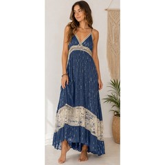 Zury Ethereal Bohemian Goddess Maxi Dress Womens Free Size Blue Metallic Lace