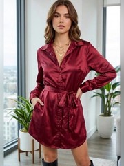 One Size Silk Satin Long Sleeve Button Down Midi Dress Burgundy