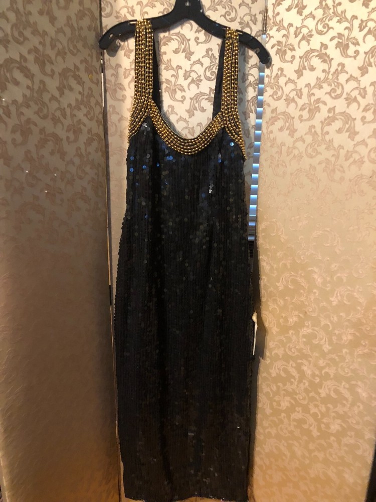 Morningside Vintage Black Gold Sequin Beaded Long Dress Size Large L